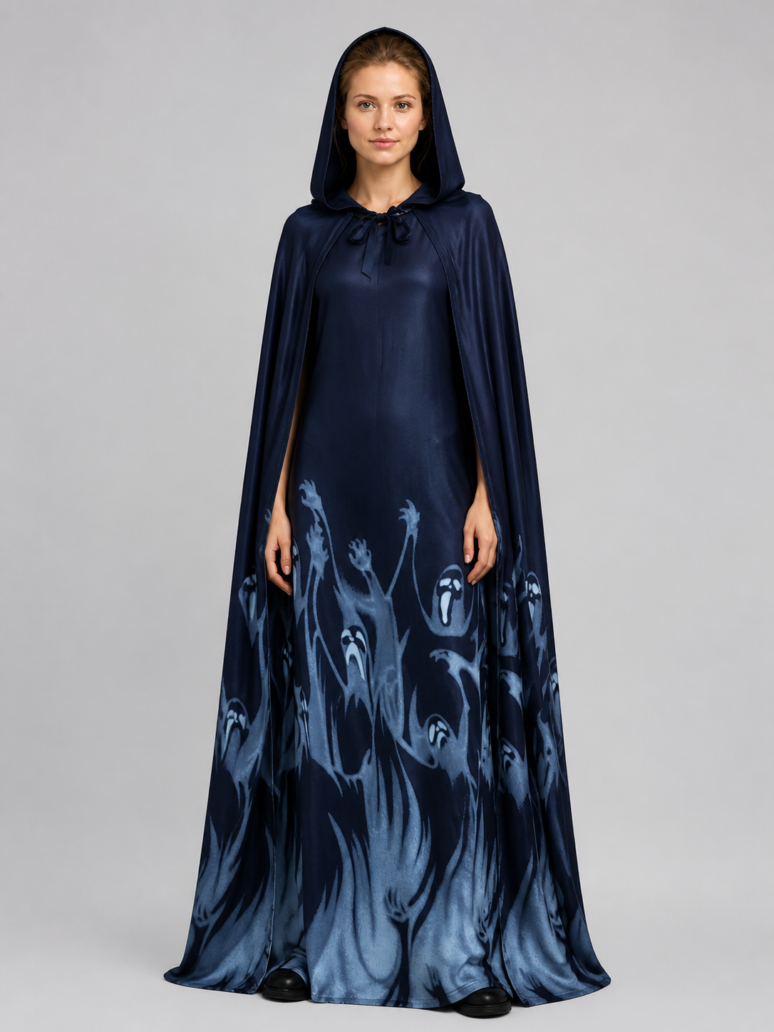 Halloween Hooded Cloak Costume with Ghost Patterns