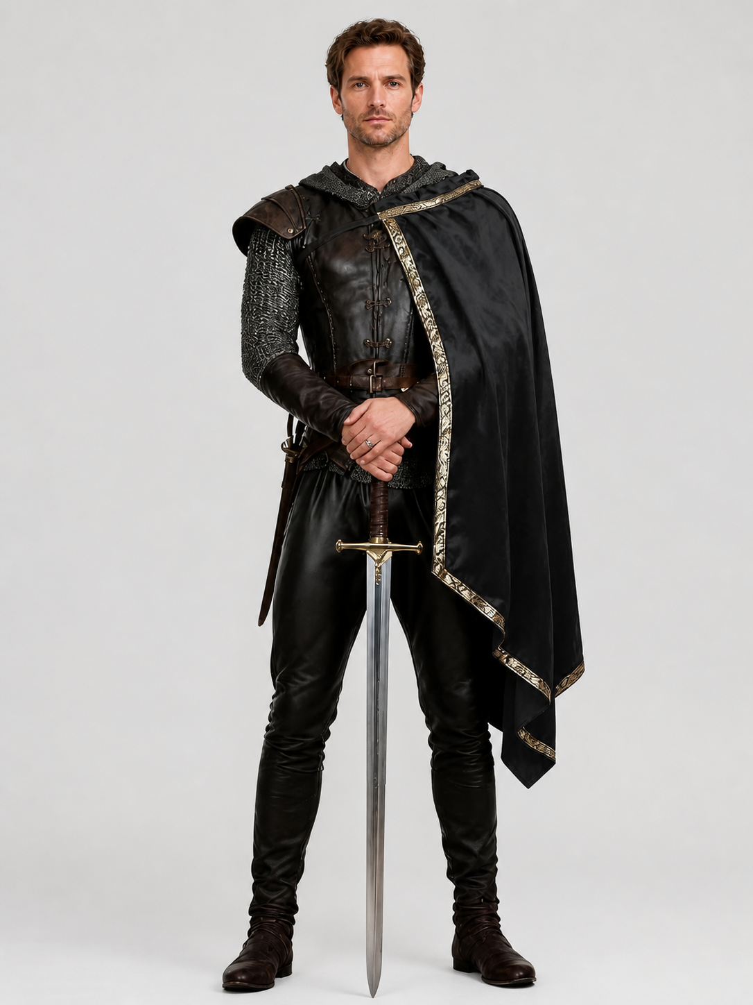 Black Medieval Costume with Asymmetrical Cape