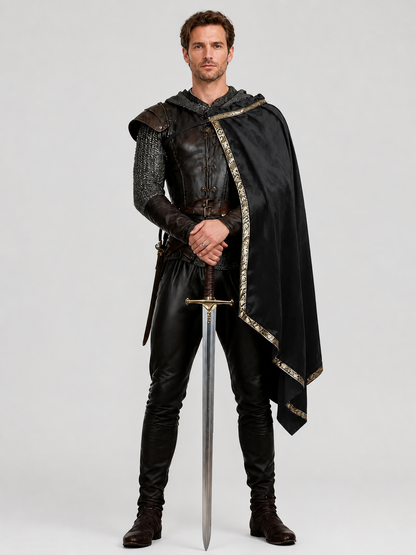 Black Medieval Costume with Asymmetrical Cape