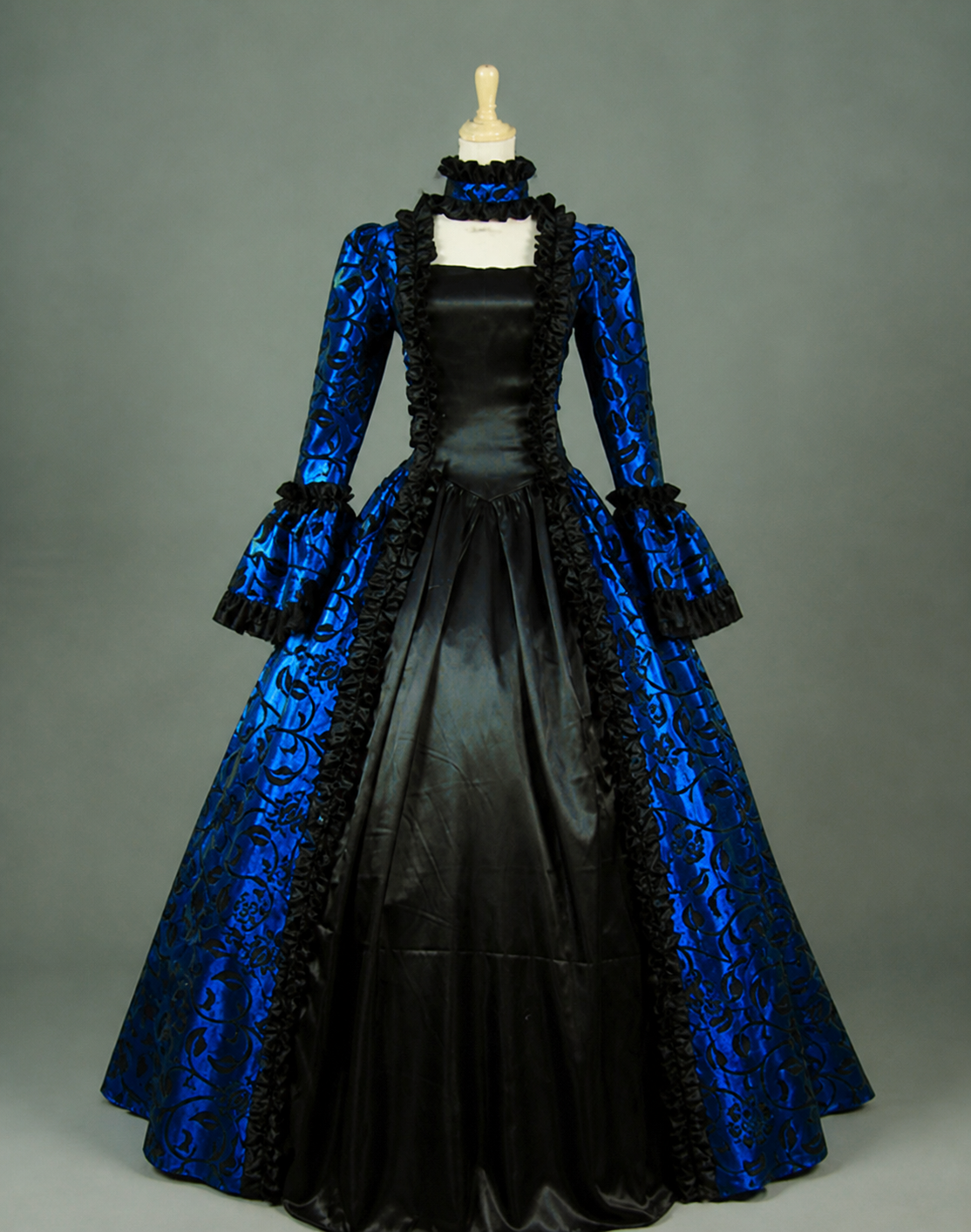 Vintage Blue and Black Dress with Ruffles and a High Collar Costume Dresses detail 3
