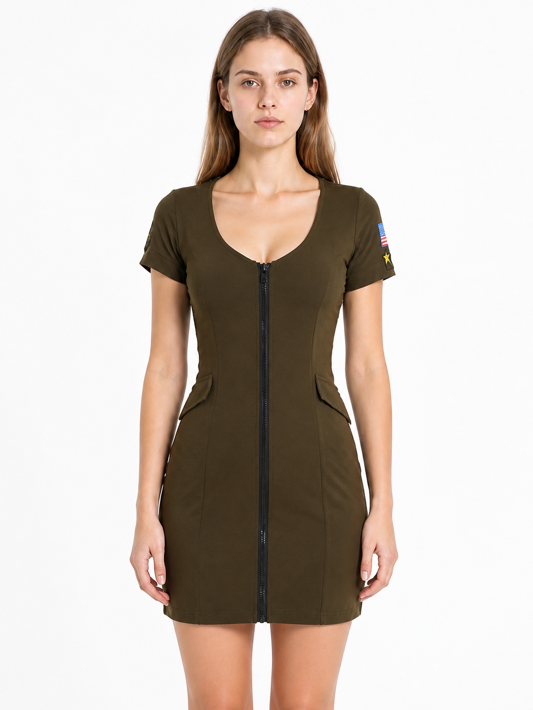 Olive Uniform-Style Dress with Zipper and Patches Costume Dresses detail 2