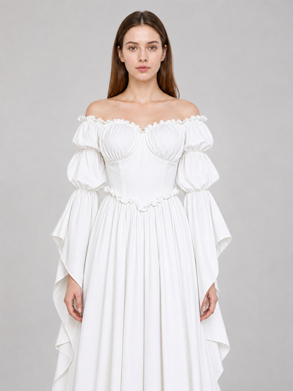 White Vintage-Style Dress with Puff Sleeves