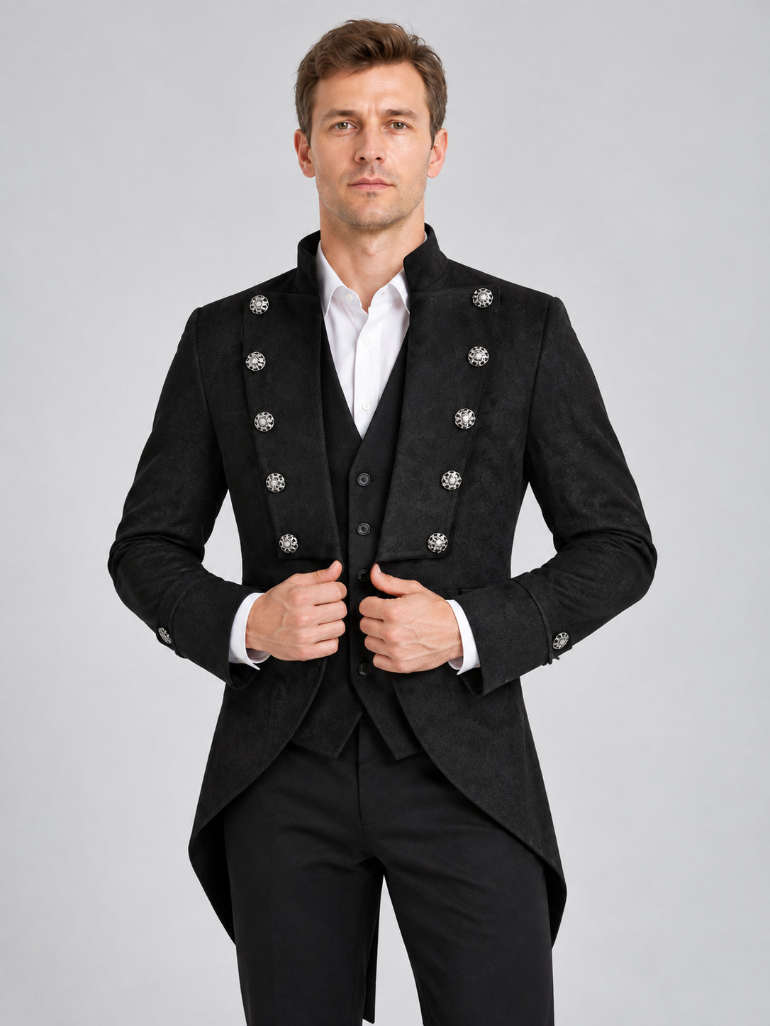 Black tailcoat with high collar and silver buttons