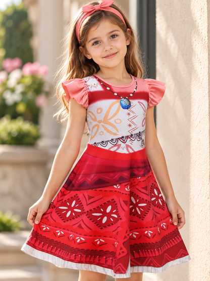 Girls' A-Line Dress with Geometric Print and Ruffles
