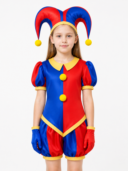 Red-and-Blue Pomni Clown Jumpsuit with Yellow Pom-Poms product detail 3