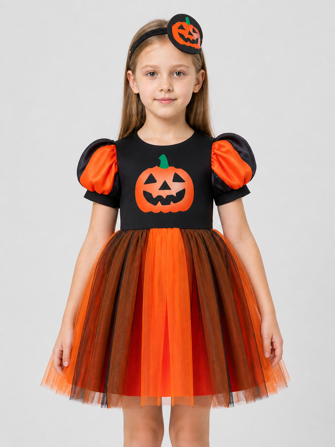 Halloween Pumpkin Dress with Headband, Full Skirt