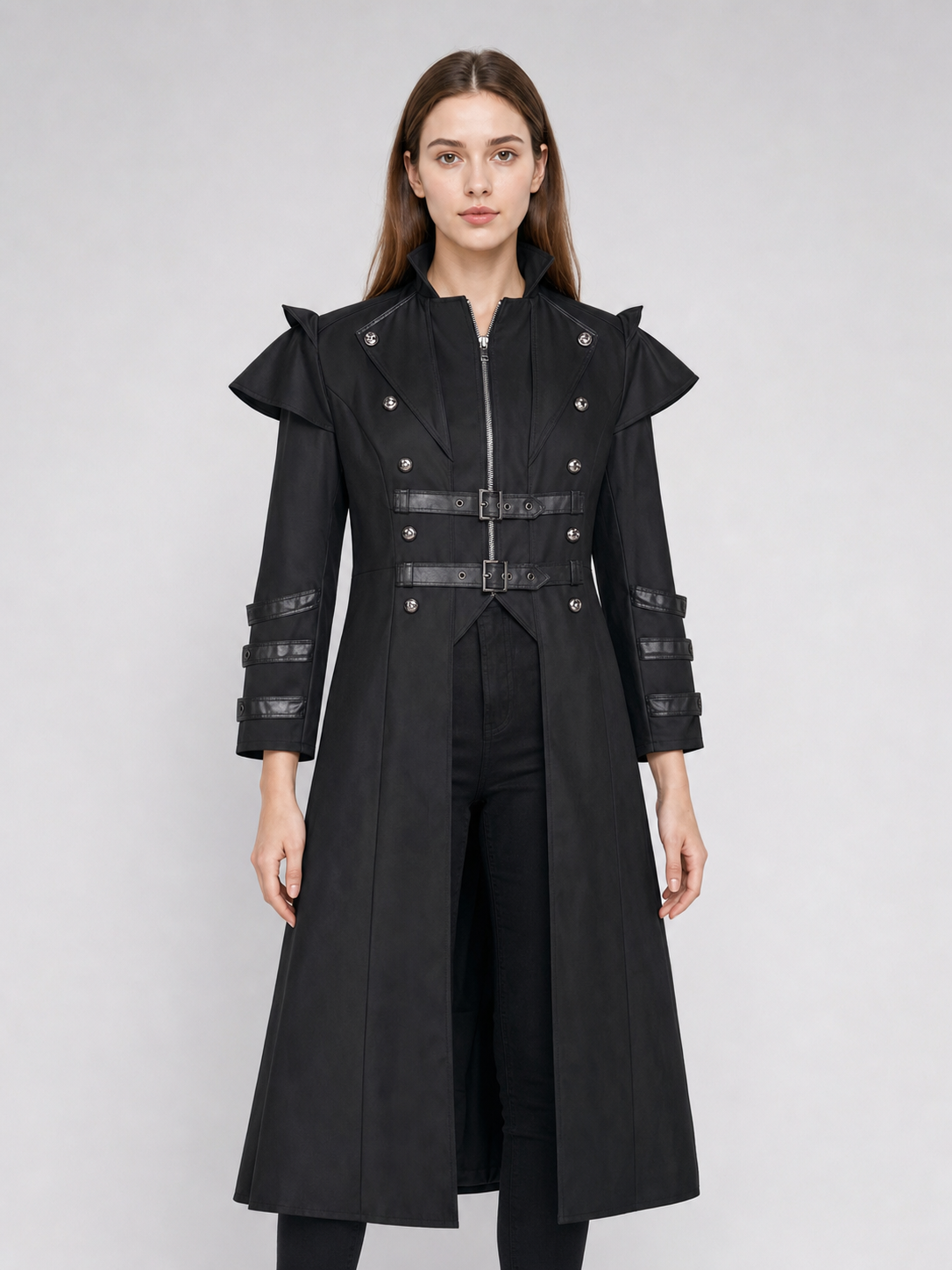 Gothic Coat with Stand Collar and Buckles