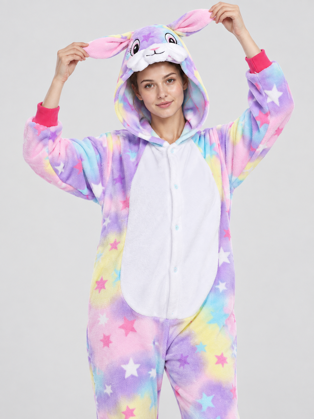 Hooded Pajama Jumpsuit with Ears and Star Print
