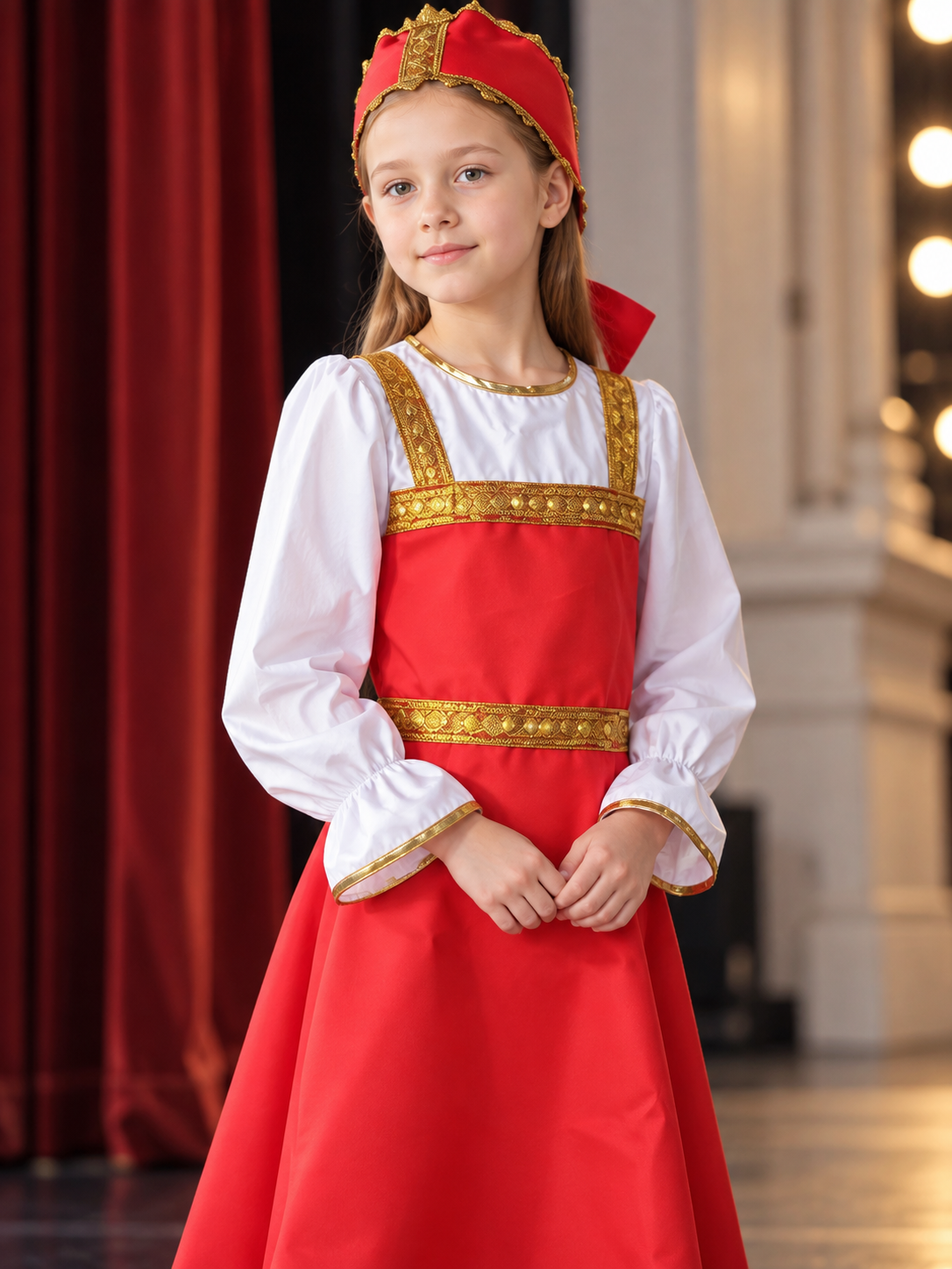 Long Red Dress with Gold-Tone Trim Costume Dresses detail 2