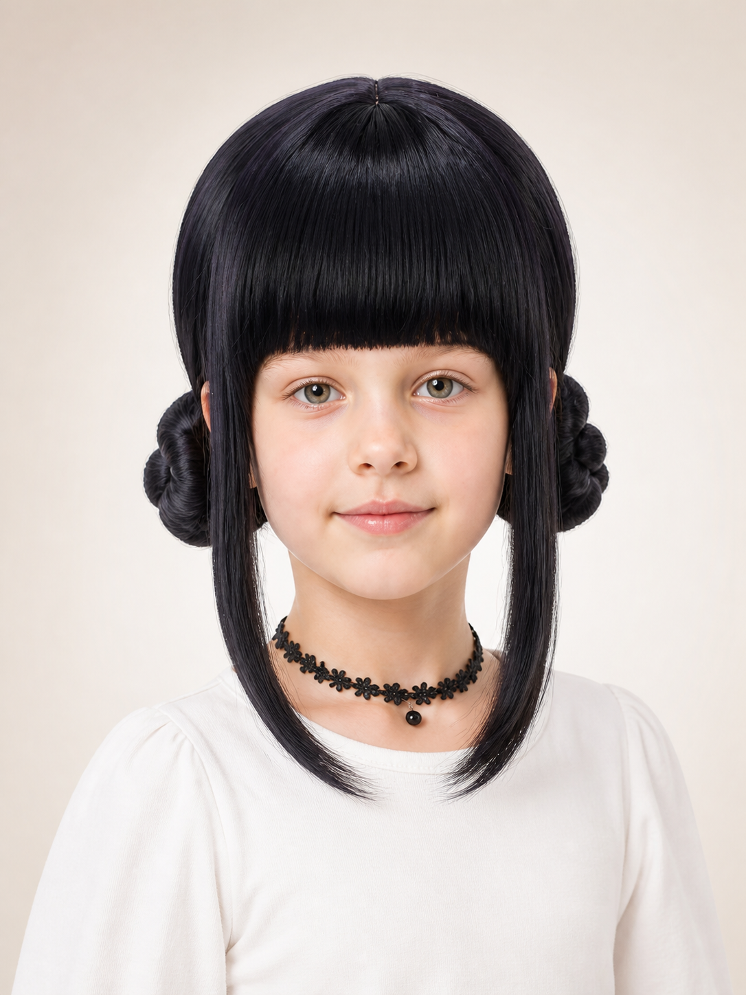 Black Cosplay Wig with Double Buns and Bangs Costume Wigs detail 2