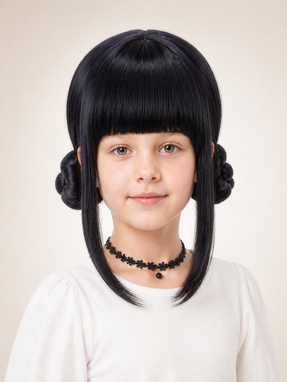 Black Cosplay Wig with Double Buns and Bangs Costume Wigs detail 2