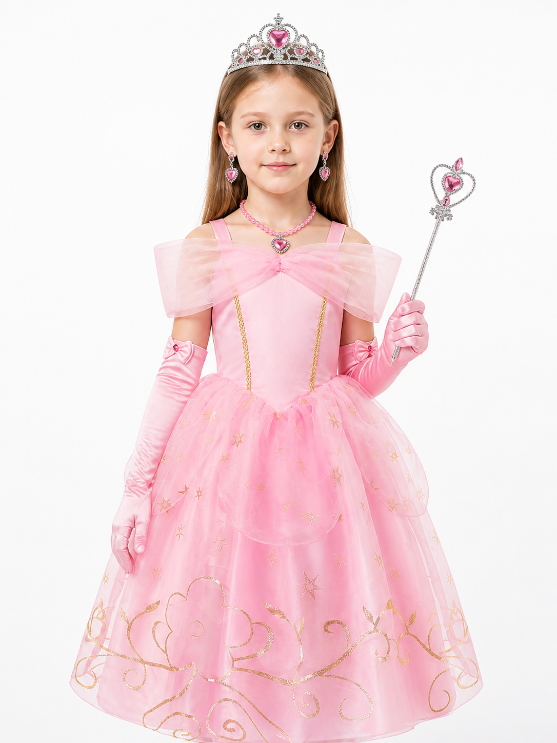 Pink Princess Costume with Crown and Bow Costume Headwear detail 3