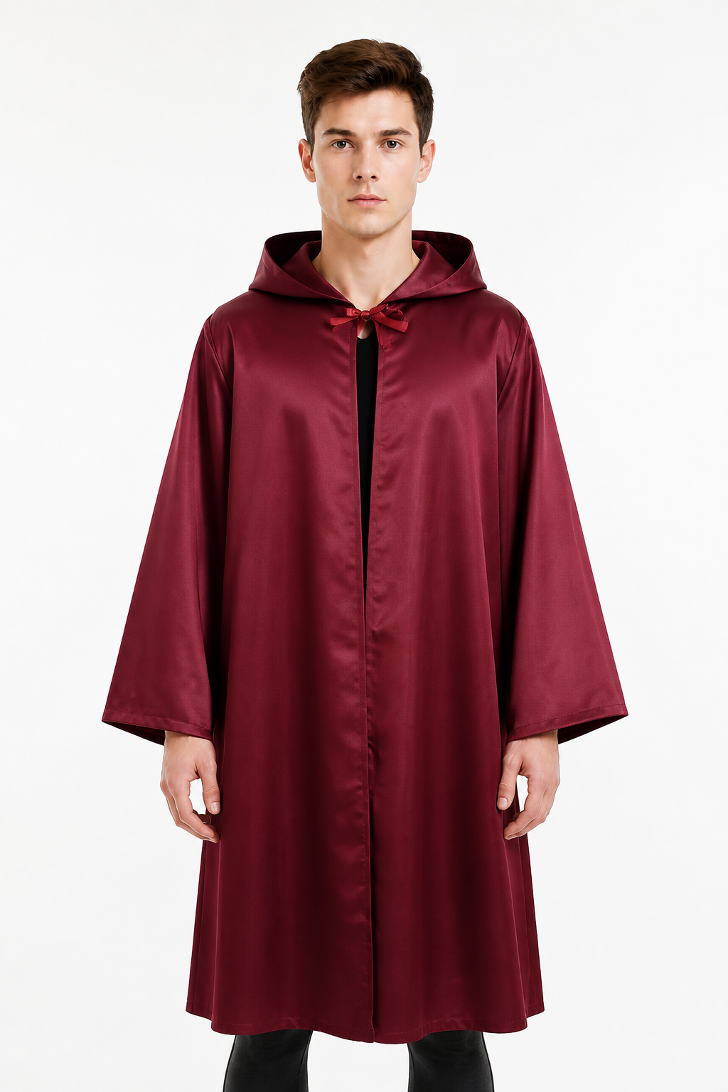 Burgundy Long Hooded Cape with Sleeves Costume Capes detail 3