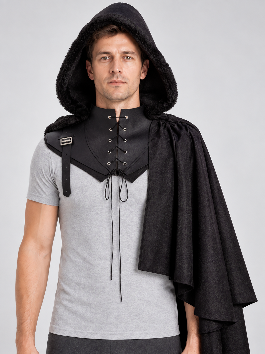 Black Medieval Hooded Cloak, with Fur, Lacing