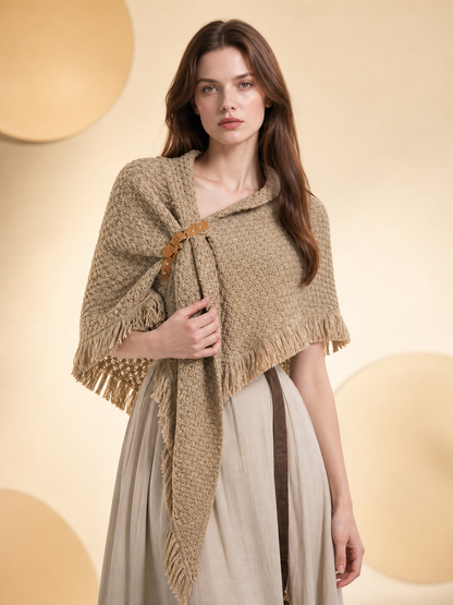 Beige fringed woven costume cape product view 27