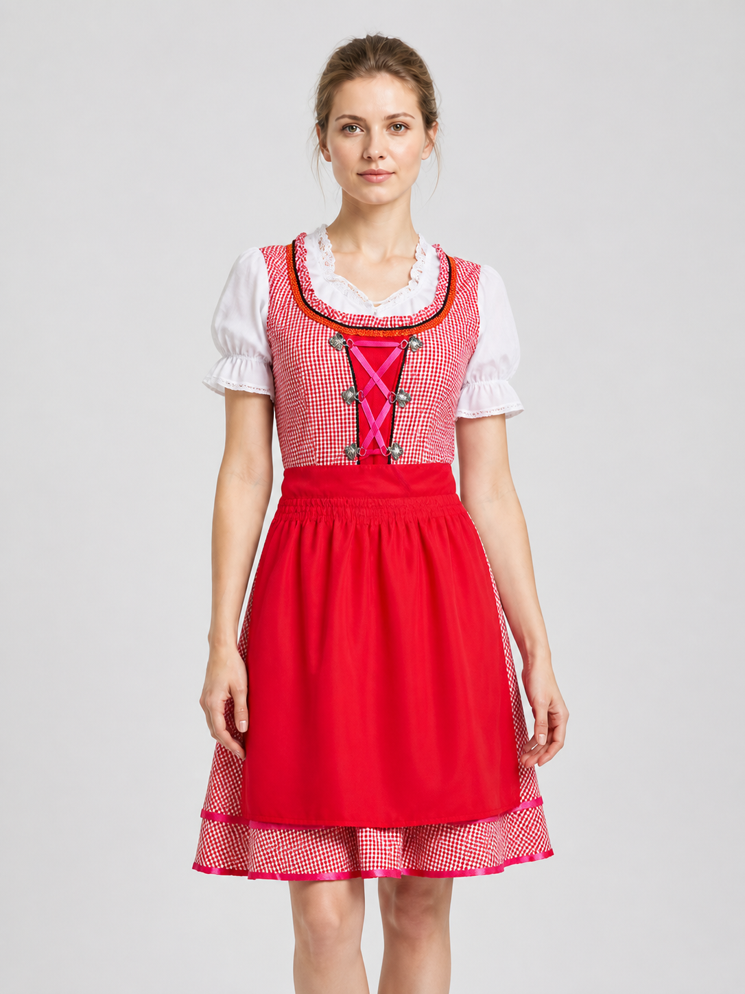 Bavarian Traditional Dress, Red Plaid, with Apron Costume Dresses detail 3