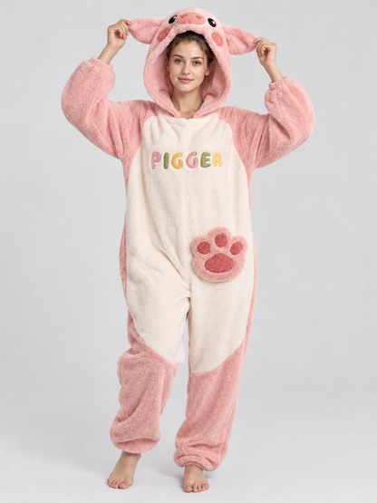 Pink and cream pig-hooded pajama jumpsuit