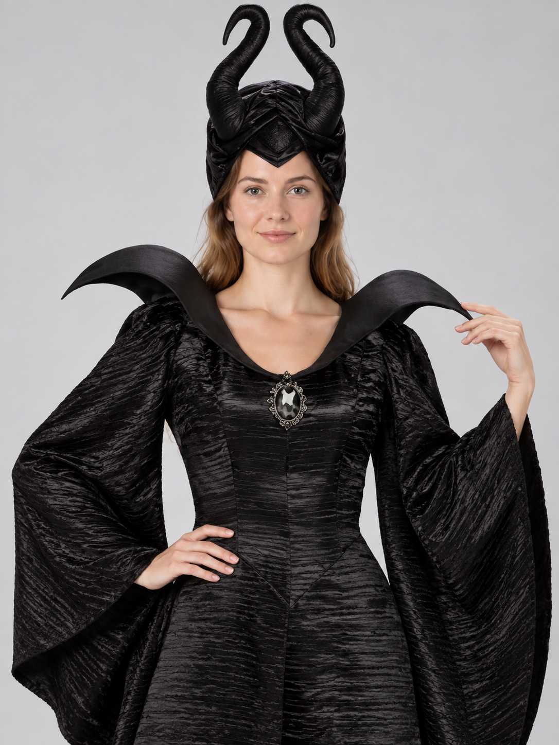 Black Witch Halloween Costume with Horns and Brooch