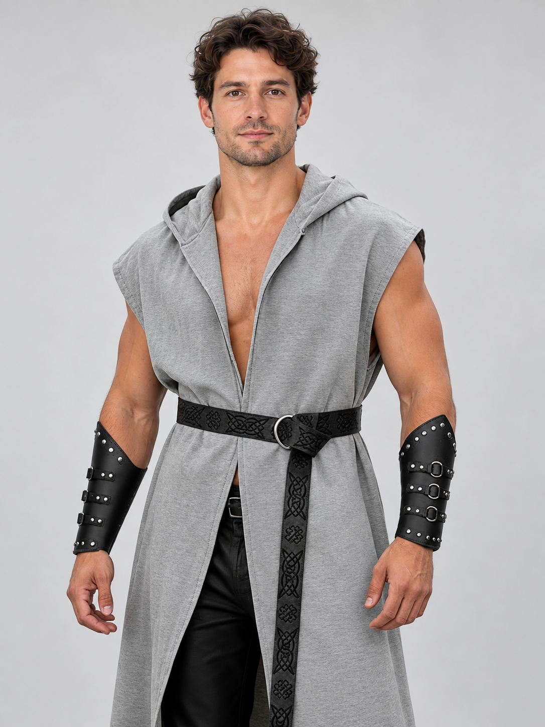 Long Gray Sleeveless Hooded Suit Cape