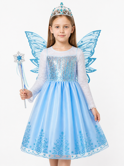 Blue Princess Costume with Butterfly Wings and Crown Costume Headwear detail 3