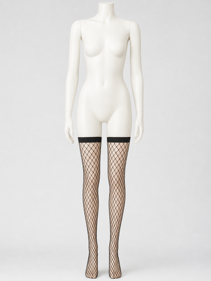 Black Thigh-High Stockings with a Wide Band and Diamond Mesh