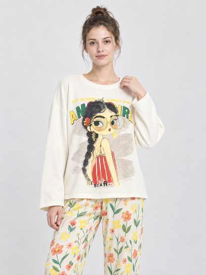 Pajama Set with Long-Sleeve Top and Long Pants with Cartoon Print