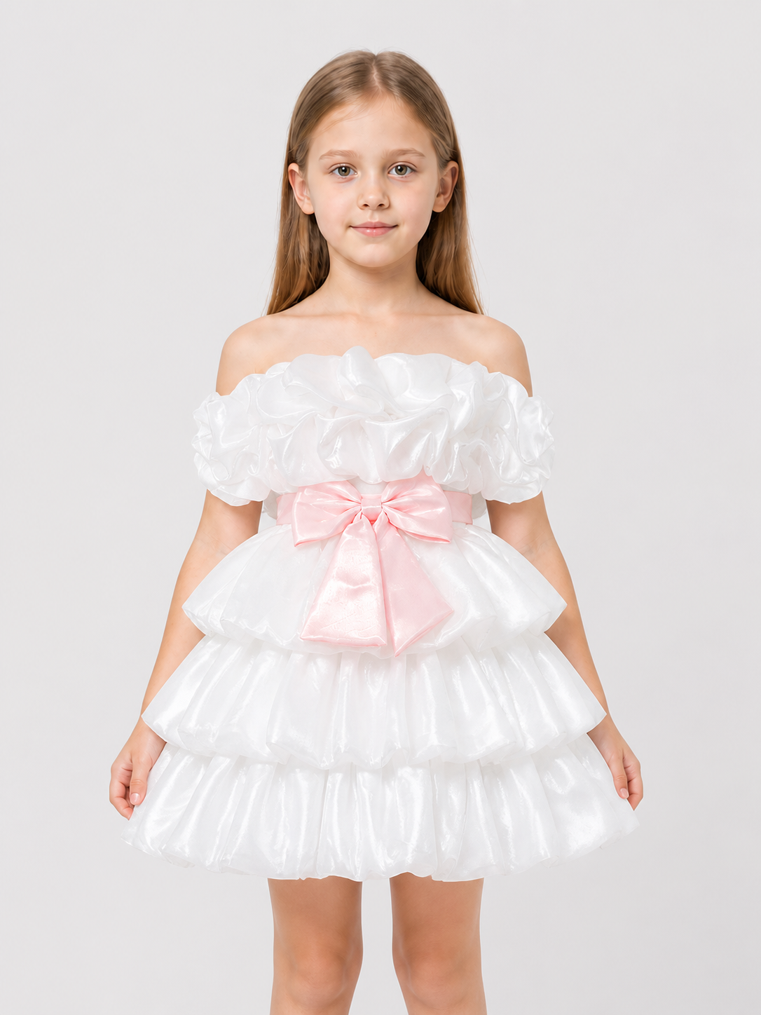 White Princess Dress for Girls with a Pink Bow Costume Dresses detail 3
