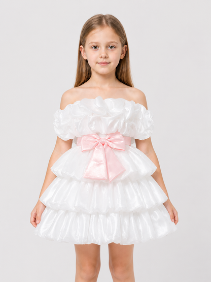 White Princess Dress for Girls with a Pink Bow Costume Dresses detail 3