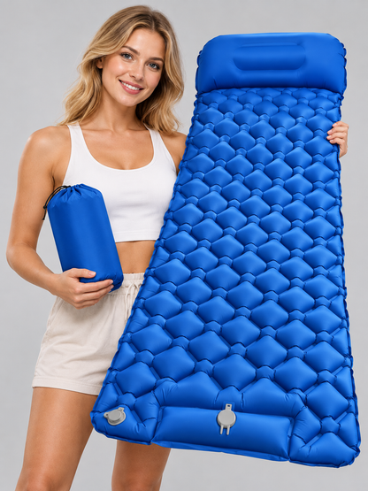 Inflatable beach mat blue with headrest and cover