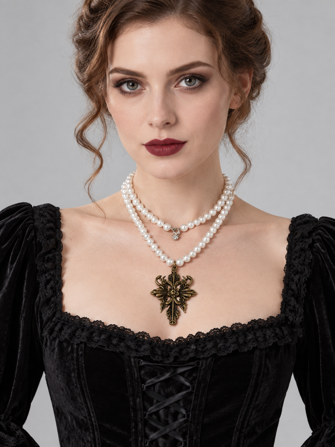 Two-Strand White Beaded Necklace with Bronze Cross