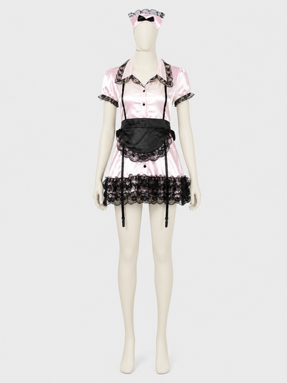 Short Lace Maid Uniform, Pink and White Costumes detail 3