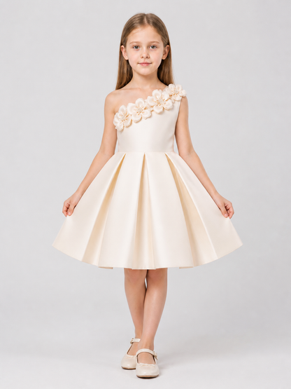 Champagne Children's Party Dress with a One-Shoulder Flower Costume Dresses detail 3