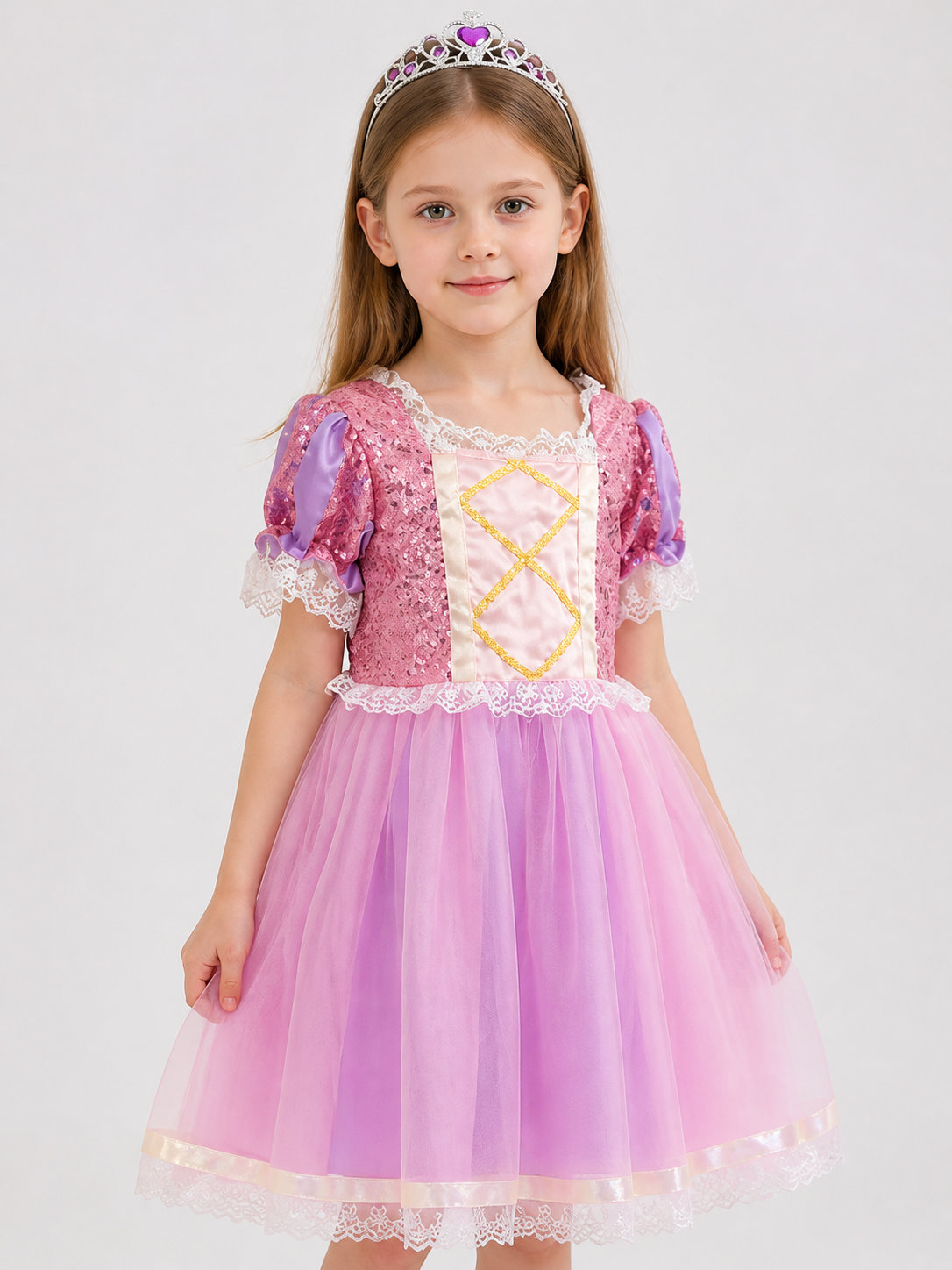 Pink-Lilac Sequin and Lace Maxi Dress