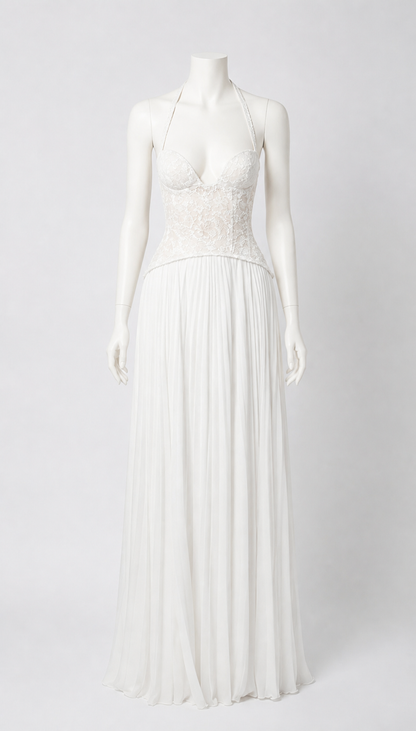 White Lace Dress with Pleated Skirt