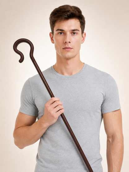 Dark Brown Jesus Scepter Cane Prop, Bent Hook Handle With Ring Grooves, Long