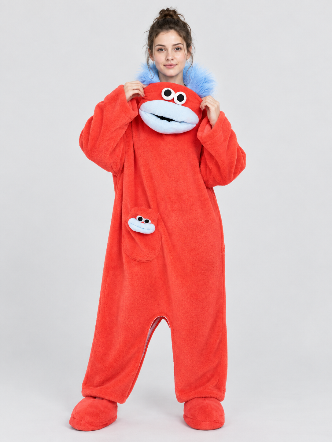 Red Fleece Pajama Jumpsuit with Cartoon Face