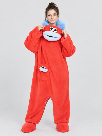 Red Fleece Pajama Jumpsuit with Cartoon Face
