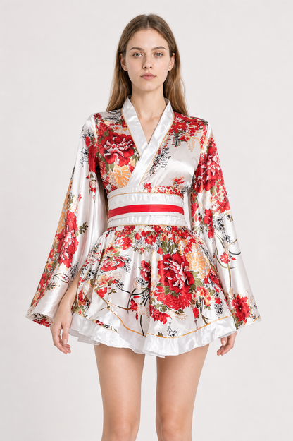 Wrap-style kimono with a full skirt and belt, peony print product detail 2