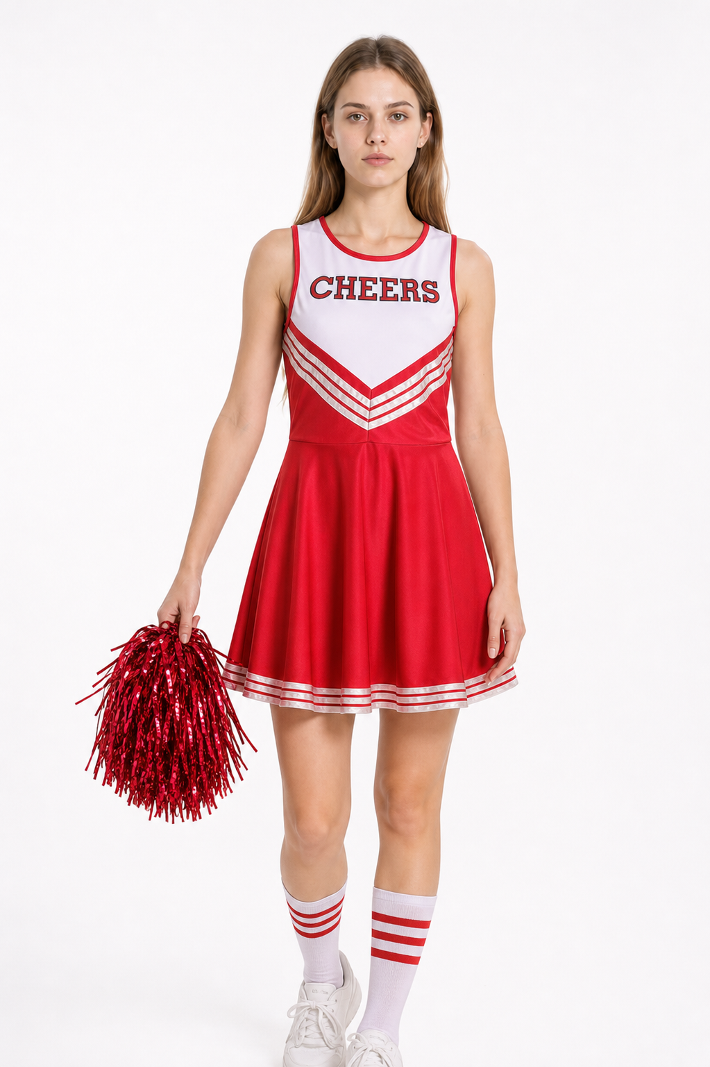 Red Cheerleading Dress with Pom-Poms and Knee-High Socks Costume Dresses detail 3