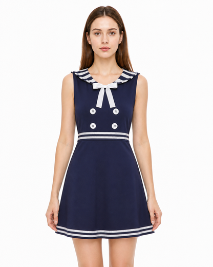 Dark Navy Sailor-Style Dress with White Stripes Costume Dresses detail 3