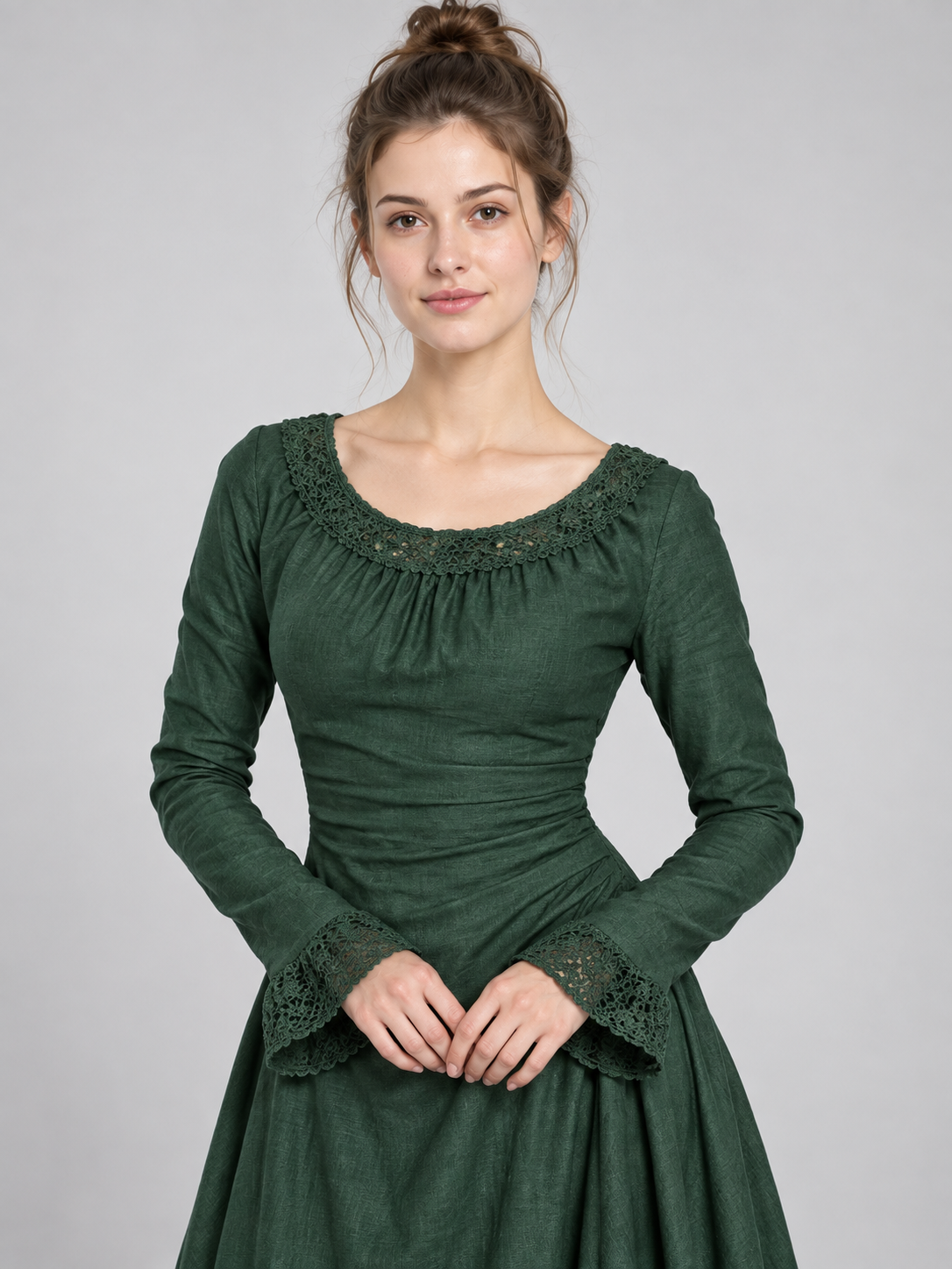 Green Long Vintage Dress with Lace and Draping