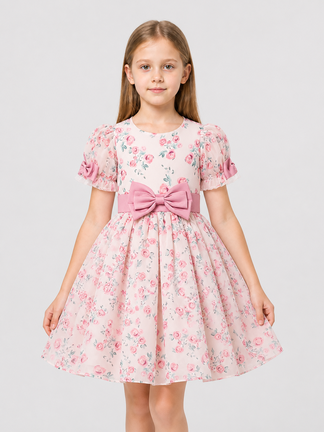 Dressy “Princess” Dress with Floral Print and Bow