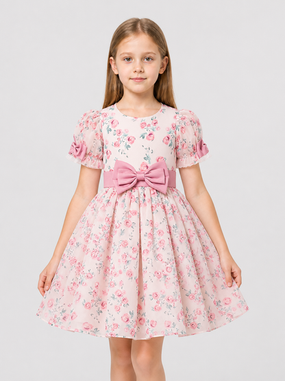 Dressy “Princess” Dress with Floral Print and Bow