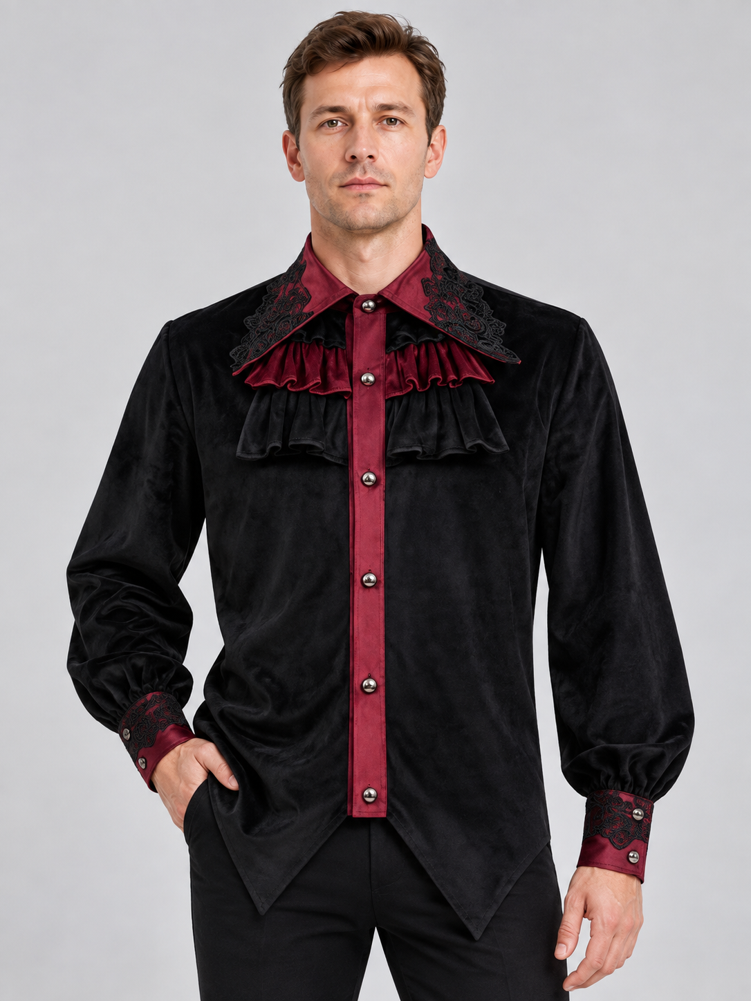 Black shirt with burgundy accents and lace trim