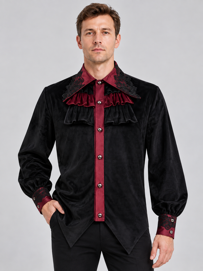 Black shirt with burgundy accents and lace trim