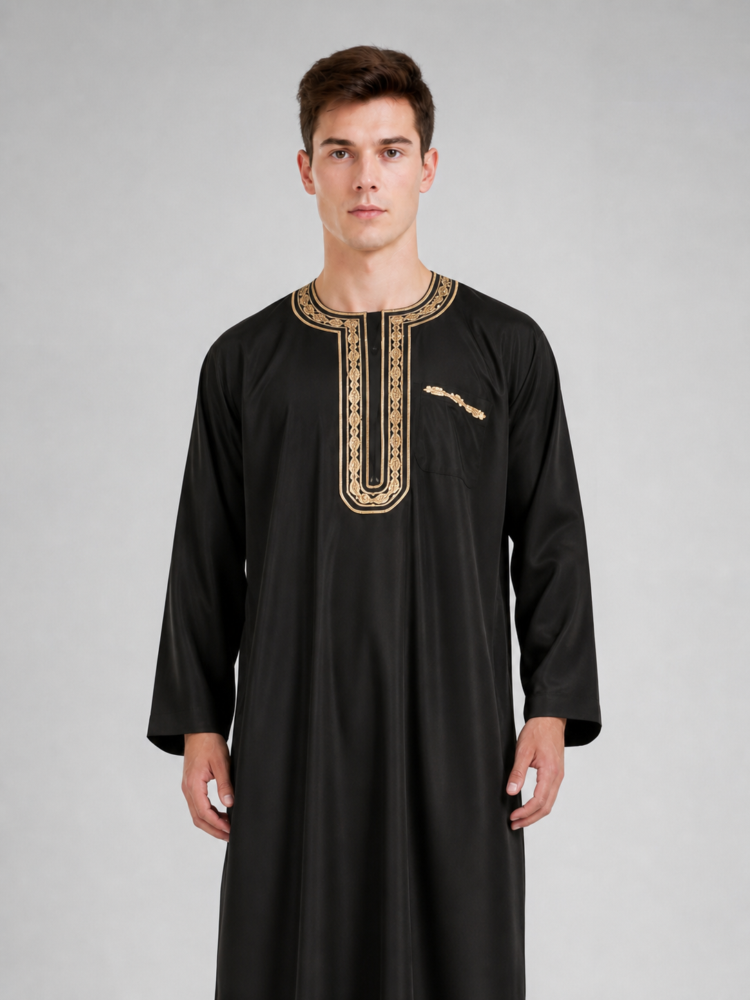 Long Black Abaya with Gold Collar Trim