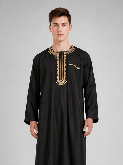 Long Black Abaya with Gold Collar Trim