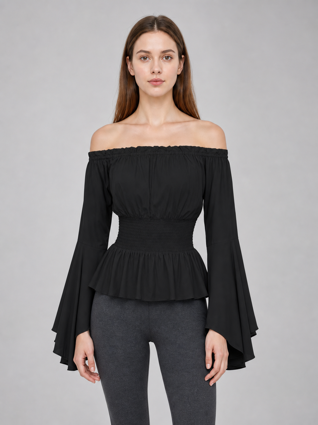 Black Off-the-Shoulder Blouse with Flared Sleeves
