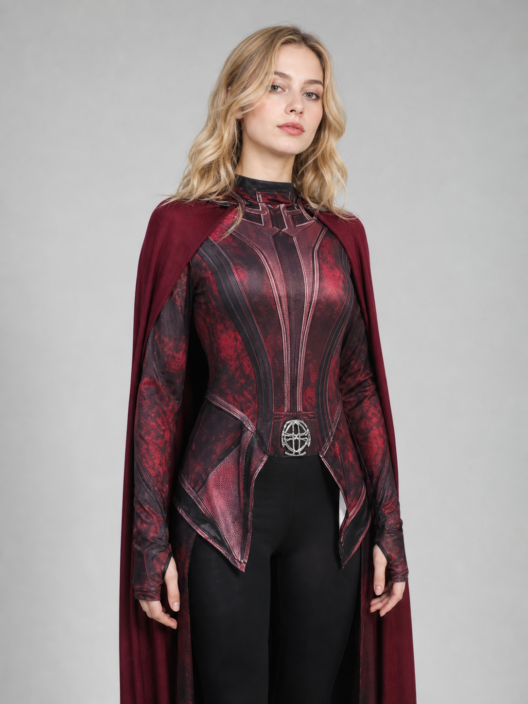Scarlet Witch superhero cosplay costume with cape upper body view