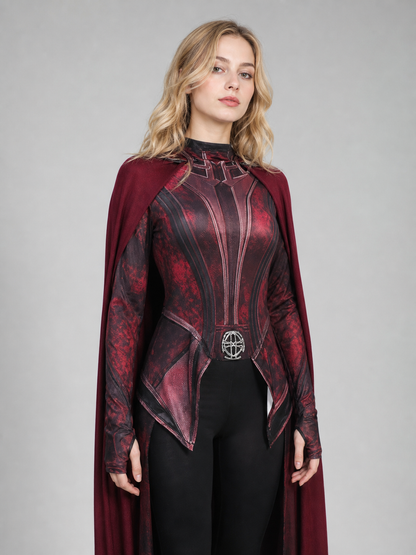 Scarlet Witch superhero cosplay costume with cape upper body view